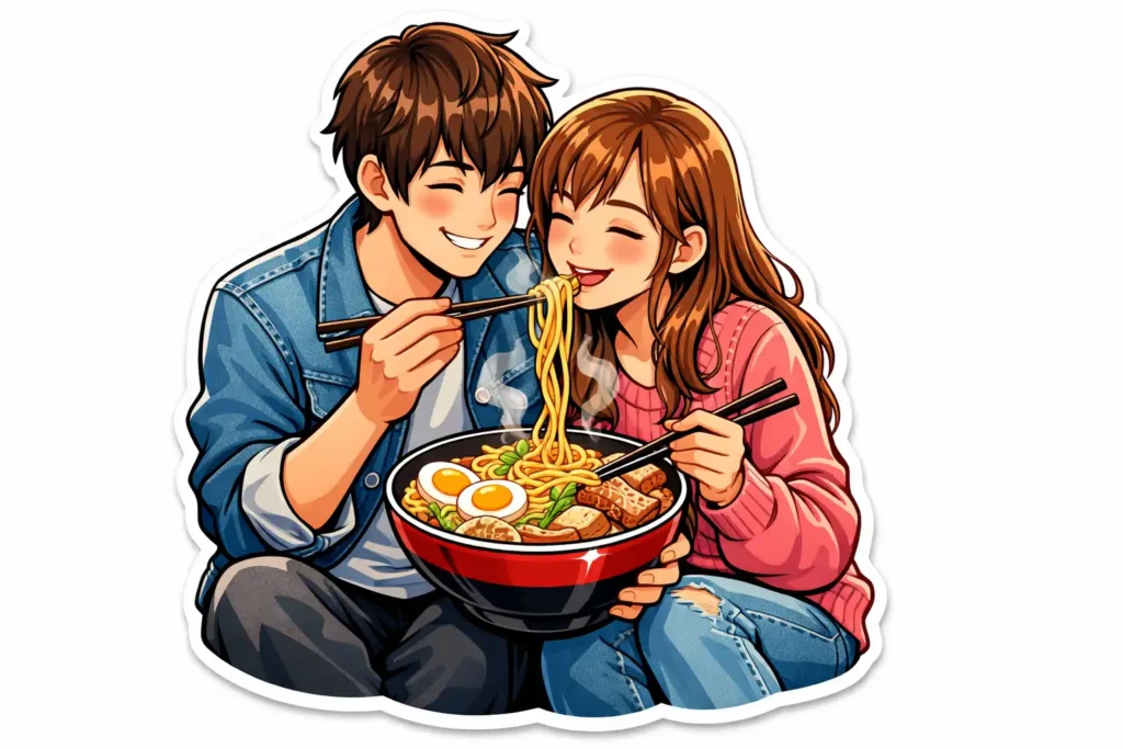 romantic couple enjoying noodle
